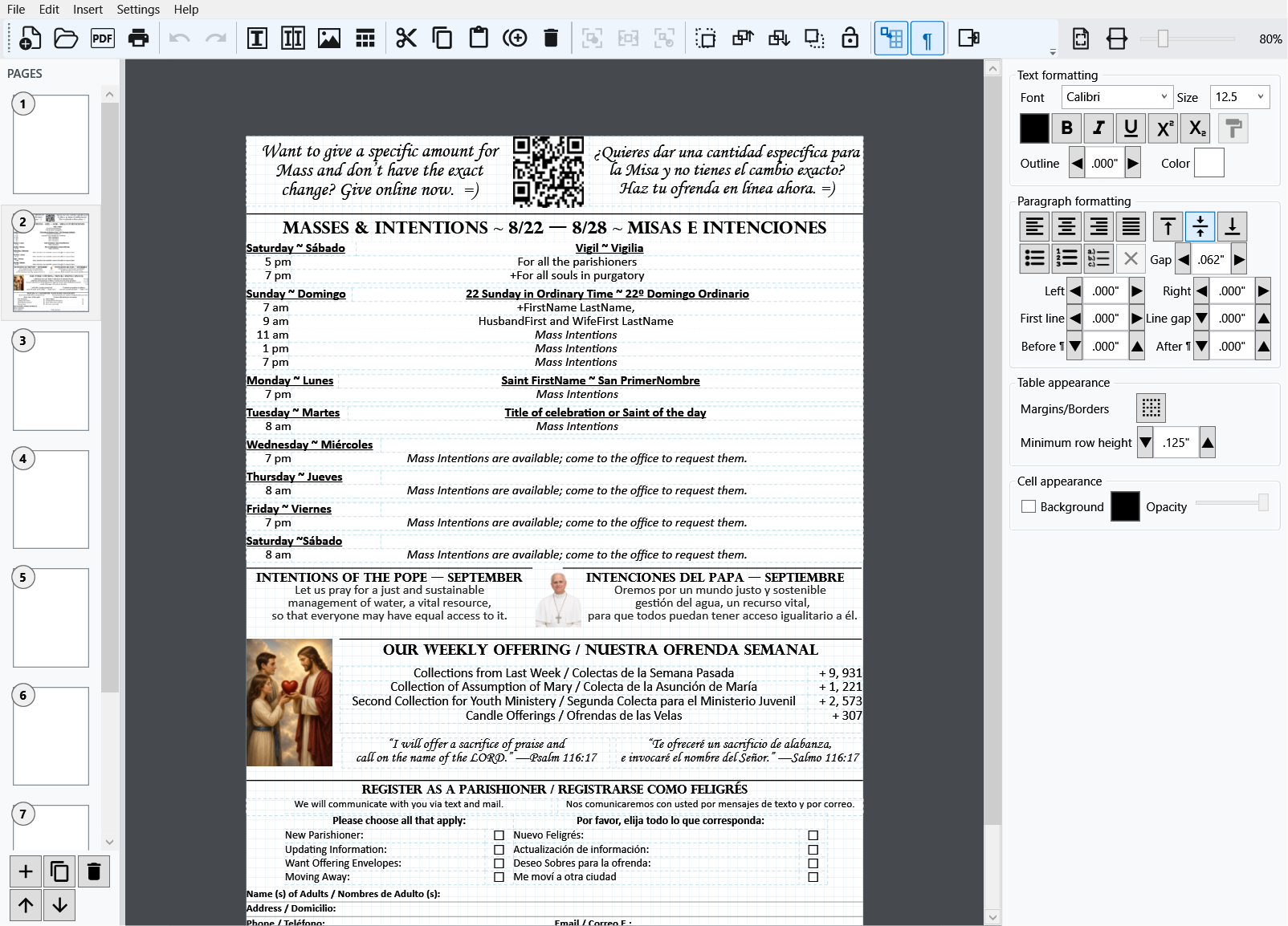 A Mass intentions table selected on sample page 2 with its Properties panel showing table and cell identity, text and paragraph formatting, table appearance, cell appearance, and position settings.