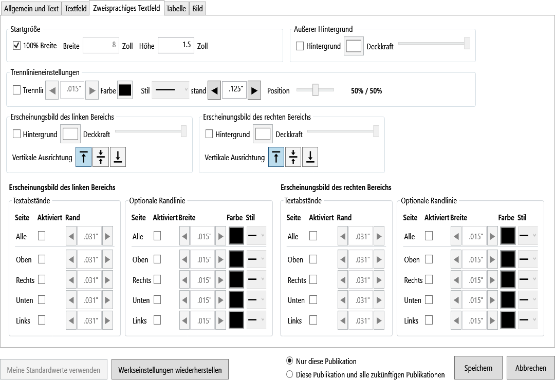 Default Settings Bilingual Text Box tab with size, pane backgrounds, divider, margins, and border controls.