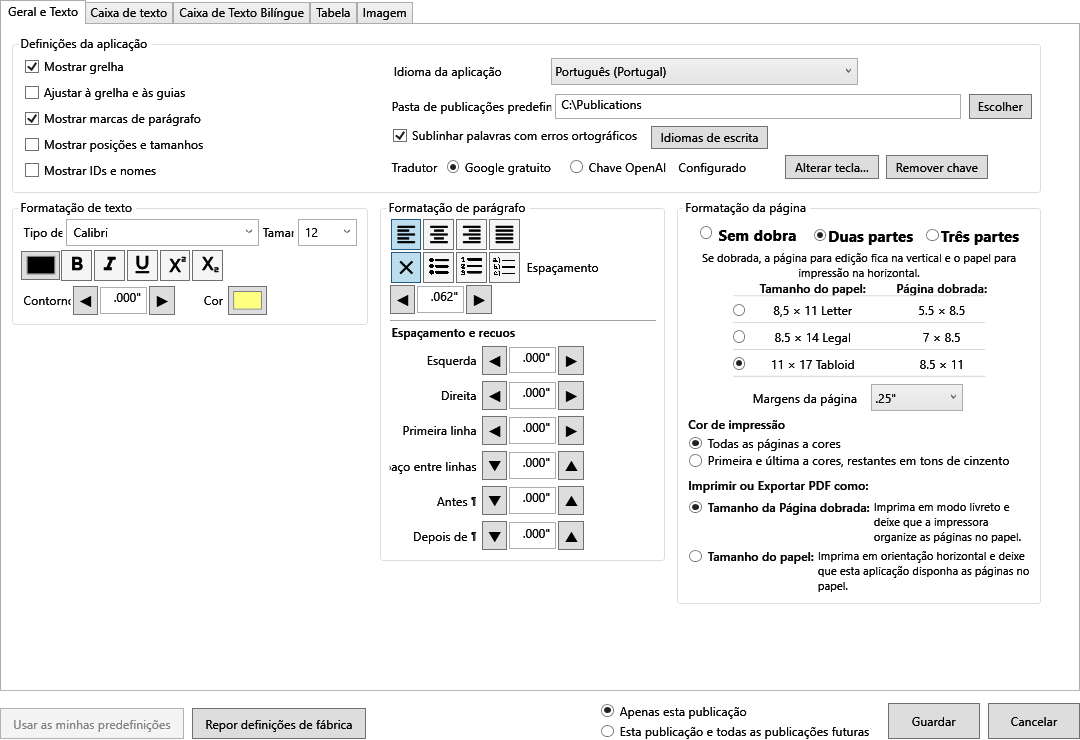 Current Default Settings General and Text tab showing application, language, text, paragraph, Paper size, and Page margins controls.