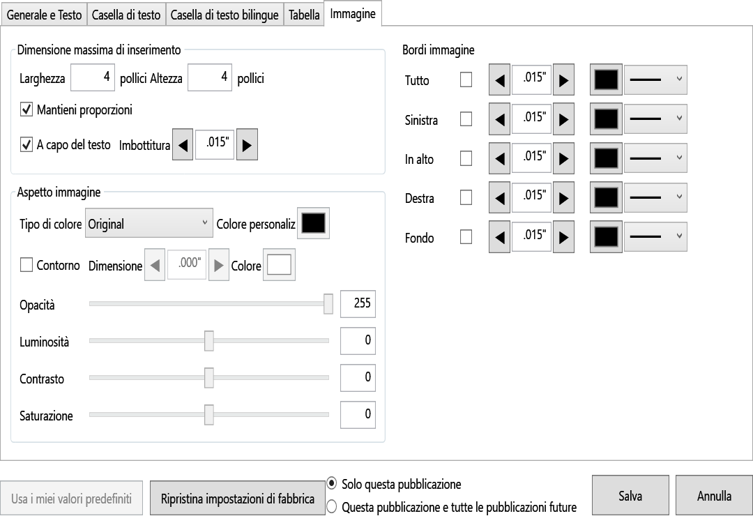 Default Settings Image tab with maximum insertion size, outline, maintain aspect ratio, color, wrapping, padding, and border controls.