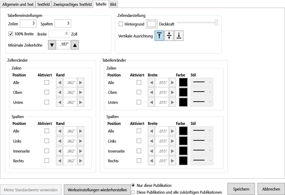 Default Settings Table tab with size, row and column count, minimum row height, margins, borders, background, and vertical alignment controls.