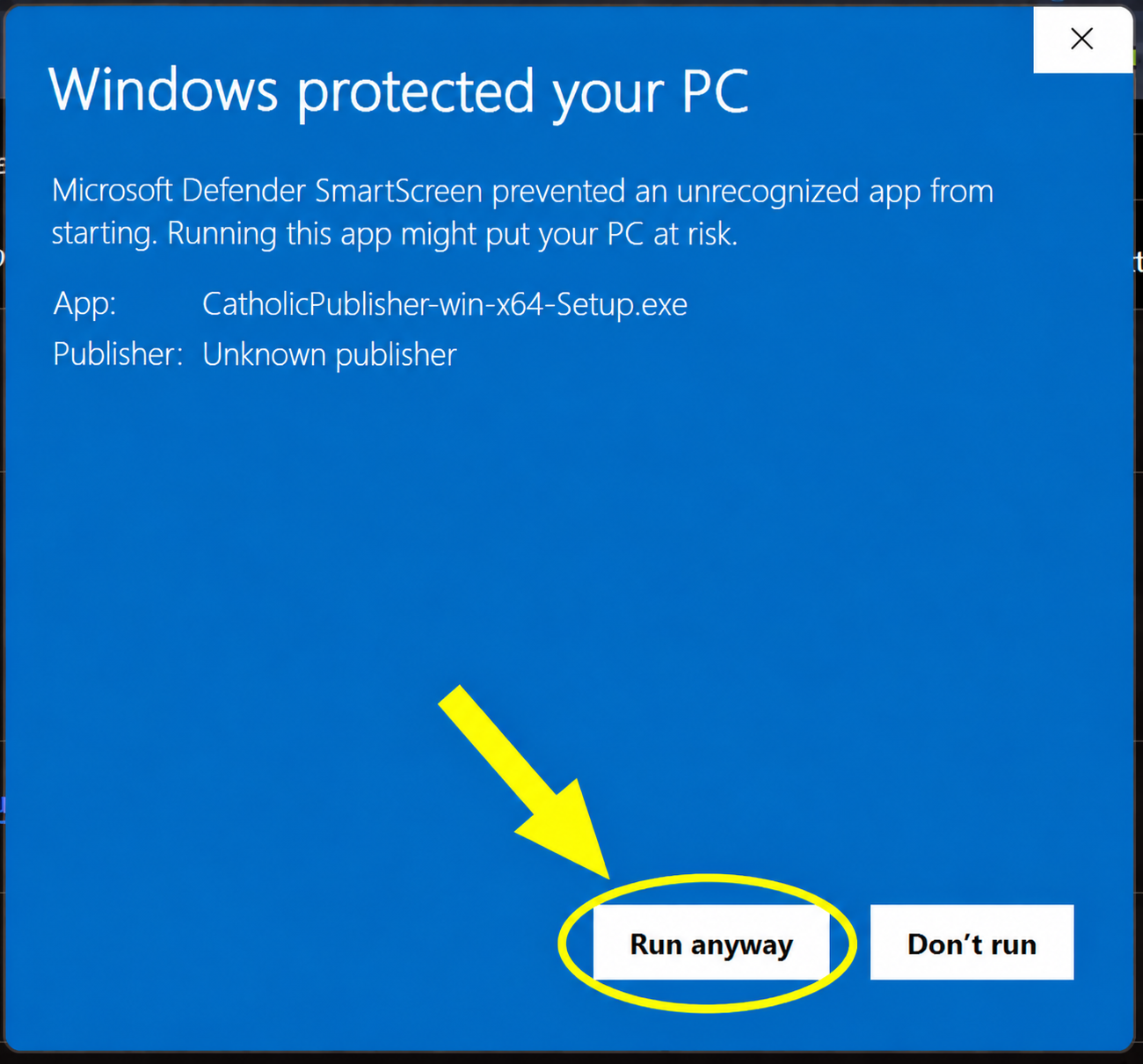 Microsoft Defender SmartScreen with a gold circle around the Run anyway button.